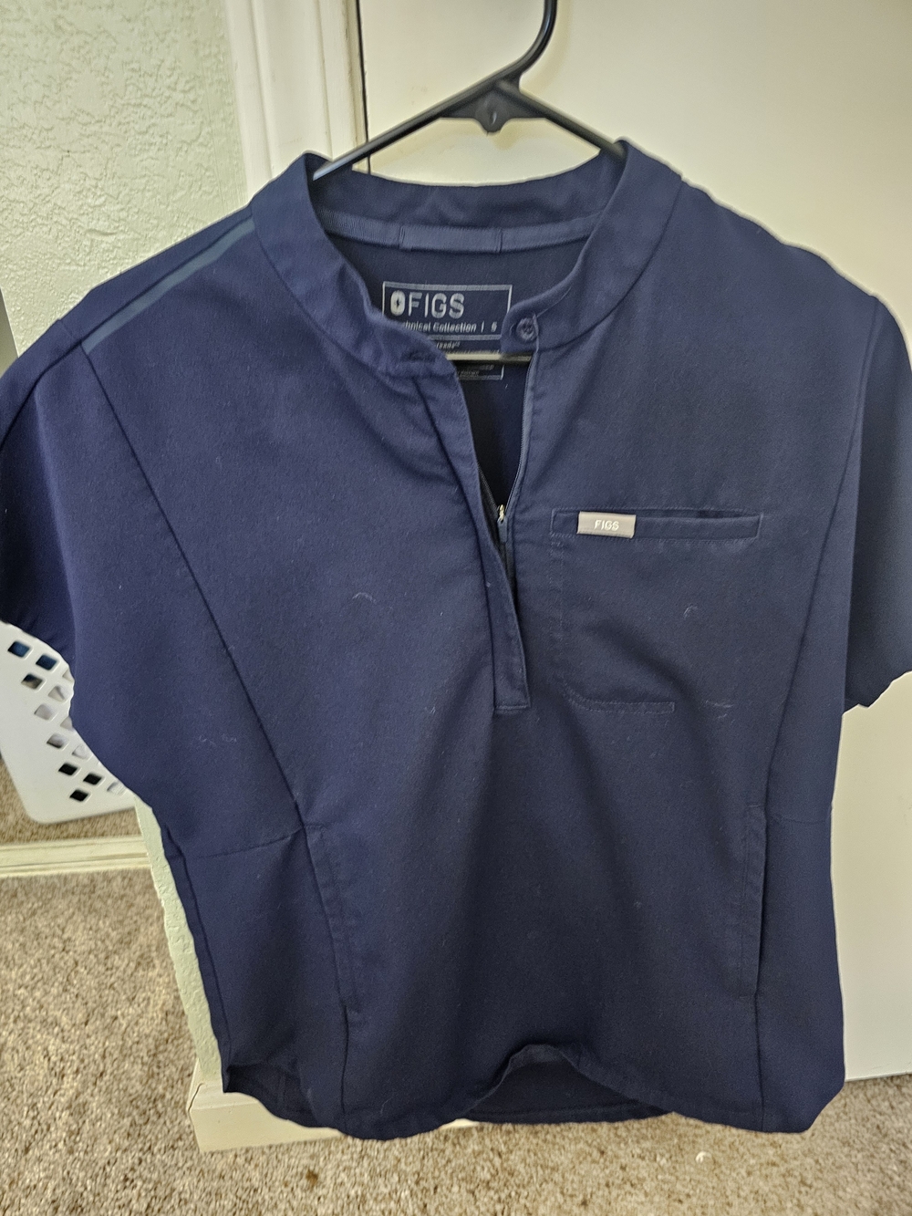Figs Women's Navy Short Sleeve Medical Top with Band Collar and Chest Pocket